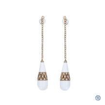 18kt White and Rose Gold Custom Made Lady's White Agate 1.02ct Diamond Drop Shape Earrings