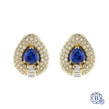 18k yellow gold, hand assembled tanzanite and diamond earrings