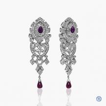 18kt yellow gold rhodium plated ruby and diamond drop earrings
