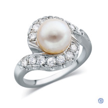 18kt White Gold Lady's Cultured Pearl and 0.42ct Natural Diamond Vintage Ring