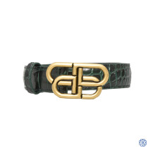 Balenciaga Green Croc Embossed Belt with Antique Gold Logo Buckle