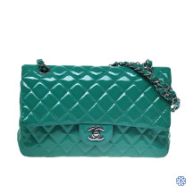 Chanel Quilted Medium Double Flap Patent Green Bag