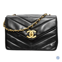 Chanel Chevron Black Leather Bag with Gold Hardware