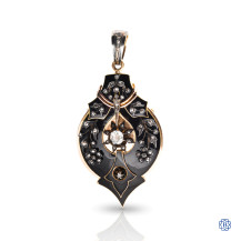 18kt Yellow Gold and Silver, Black Enamelled with Diamond Custom Made Antique Brooch