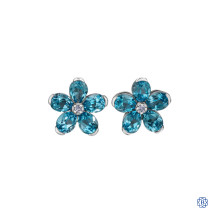 10kt White Gold Blue Topaz Pear-Shape Flower Diamond Earrings