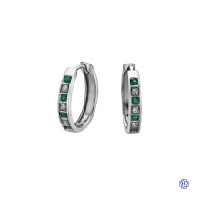 10kt White Gold Emerald and Diamond Hoop Earrings