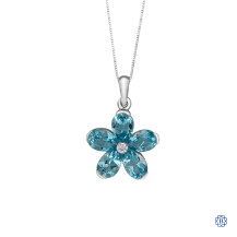 10kt White Gold Blue Topaz Pear-Shape Flower Diamond Pendant with Chain