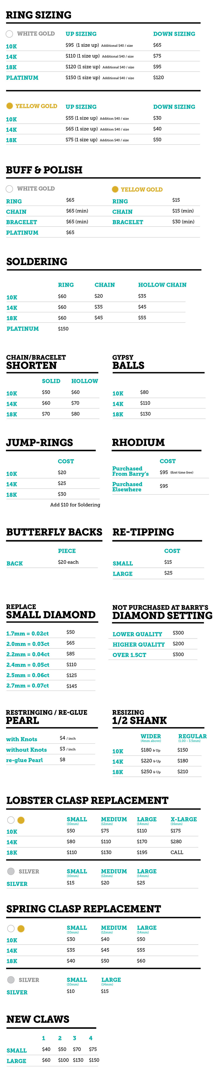 We Repair Jewellery Price List